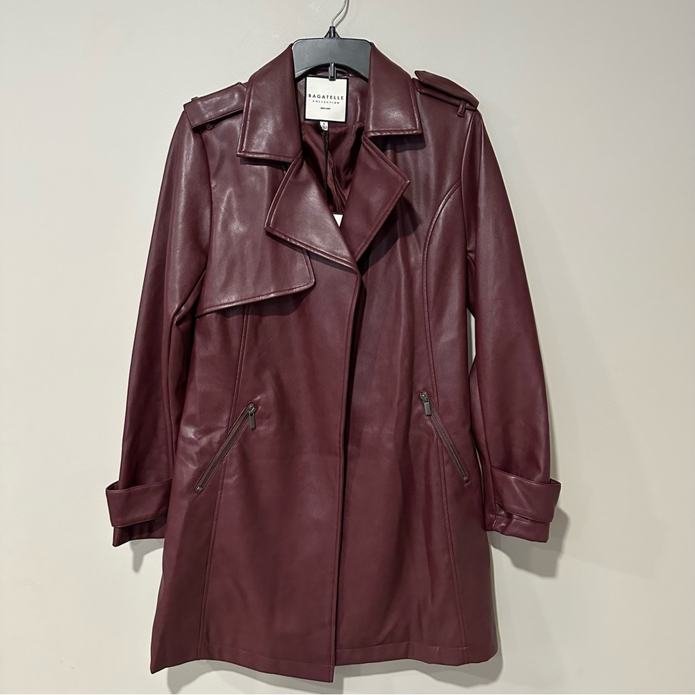 Bagatelle Burgundy Trench Coat Faux Leather Open Front 90s Minimalist Grunge